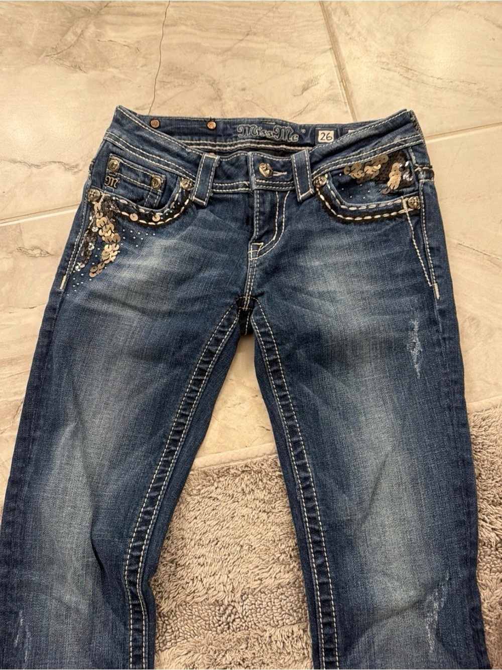 Miss Me Dark Blue Skinny Jeans with Gold Sequin Accents